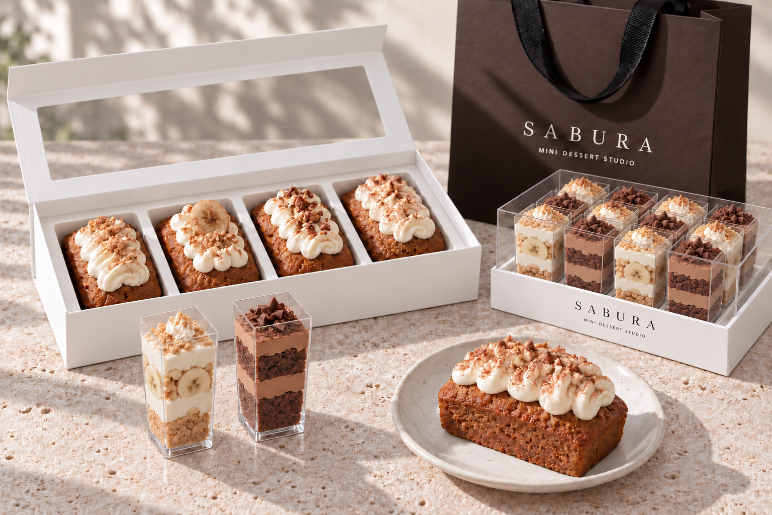 SABURA loaf presentation box with two petite, tall and narrow square 3 oz dessert cups with white packaging and an espresso shopping bag