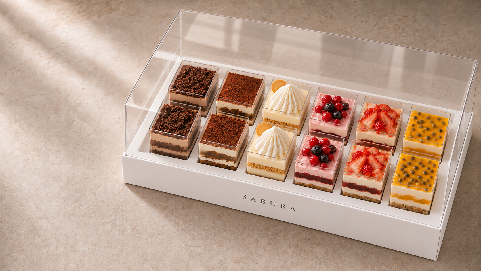 Twelve petite, narrow square 3 oz SABURA mini dessert cups in a white fitted tray with a clear cover