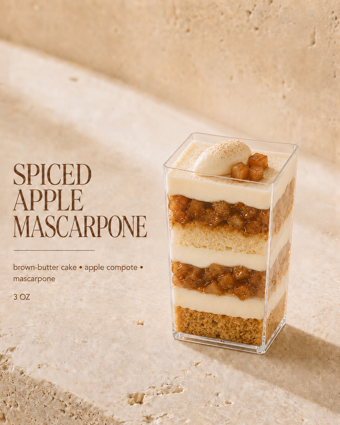 Featured seasonal cup: Spiced Apple Mascarpone in a petite narrow dessert cup