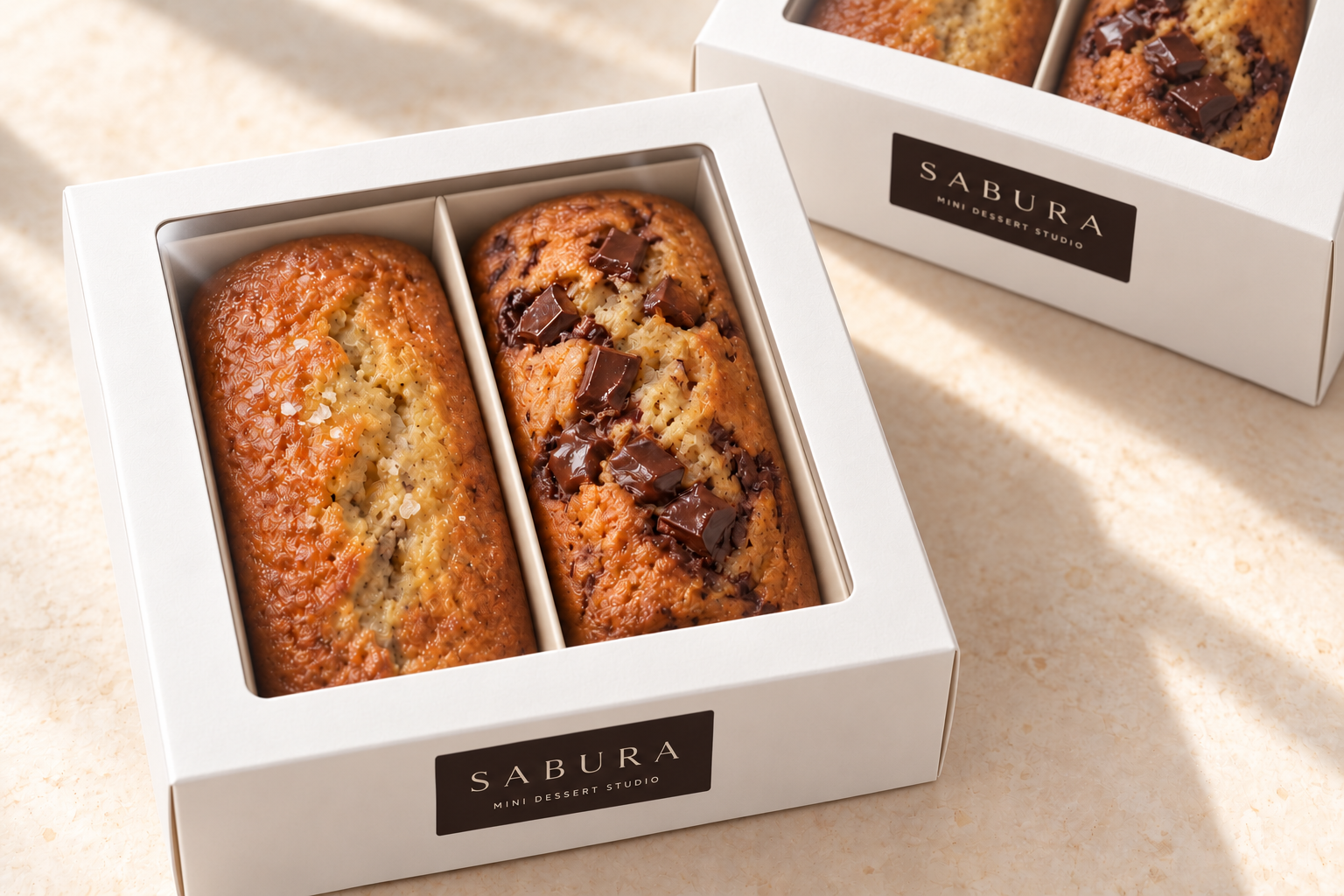 Two petite SABURA loaves side by side in a compact white window box with smooth, straight-sided ivory trays